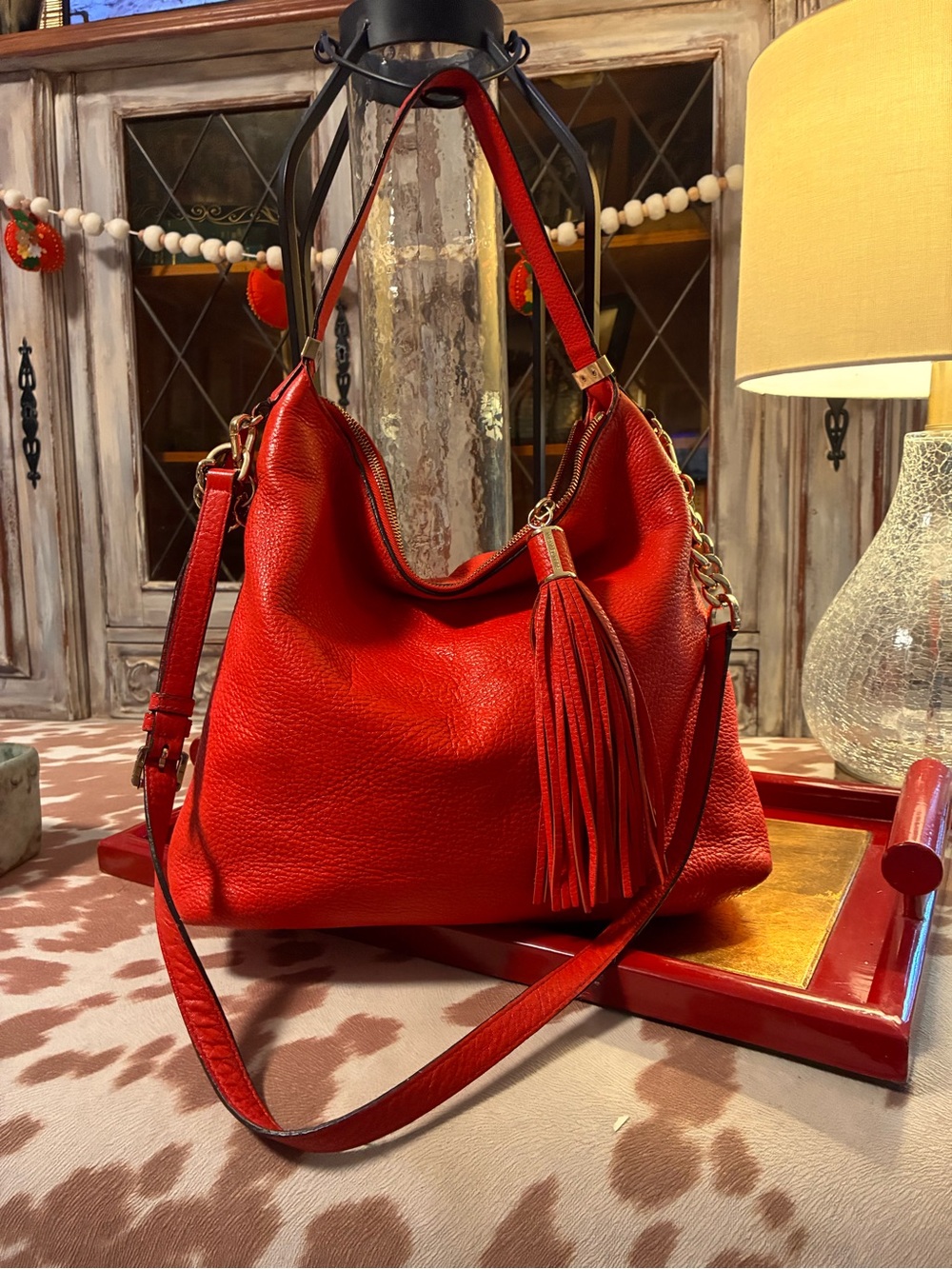 Micheal Kors orange Leather Hobo Bag with Tassel